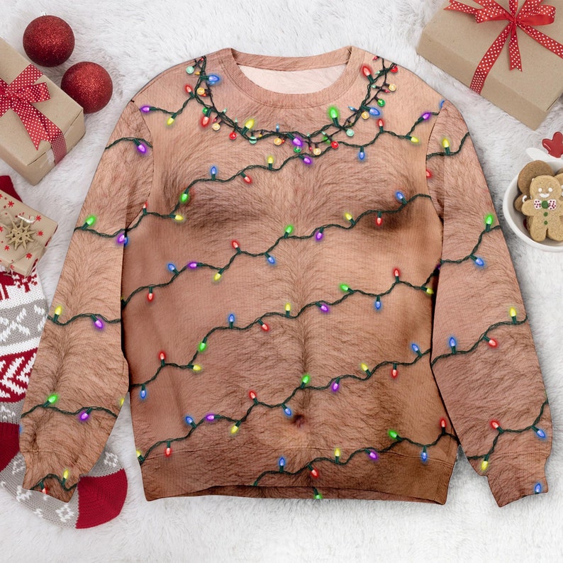 Hairy Chest Tattoos Bulbs Ugly Sweater Novelty Party Christmas Ugly Sweater, Ugly Sweatshirt, Christmas Gifts, Year End Party Ugly Sweater