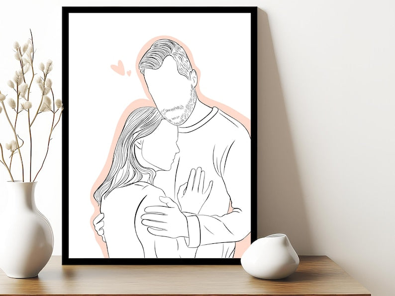 Custom Line Drawing from Photo - Personalized Couple Portrait & Gift for Boyfriend, Last Minute Birthday Gift for Him, Couple Line Art