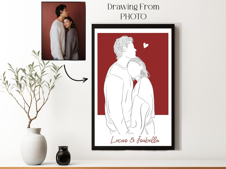 Custom Line Drawing from Photo - Personalized Couple Portrait & Gift for Boyfriend, Last Minute Birthday Gift for Him, Couple Line Art