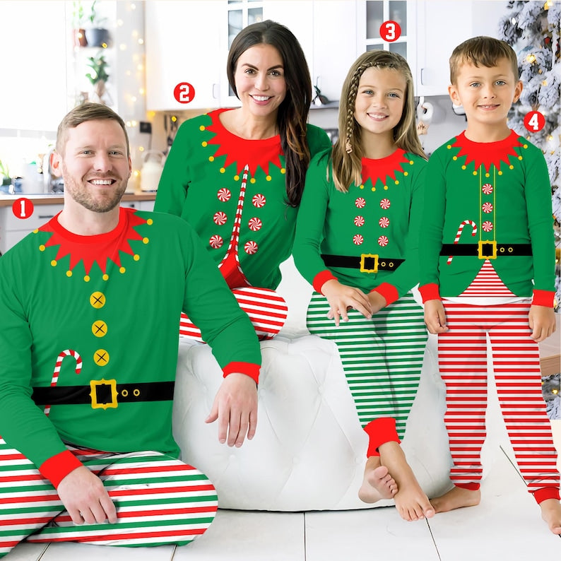 Funny Family Elf Christmas Pajamas Set, Costume Elf Christmas Long Sleeve Two Piece Pajama, Cute Elf Christmas Loungewear Set