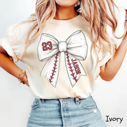 Custom Baseball Bow Shirt, Baseball Mom Shirt With Kids Name & Jersey Number, Baseball Wife shirt, Cute Baseball Mama Shirt, Baseball Season