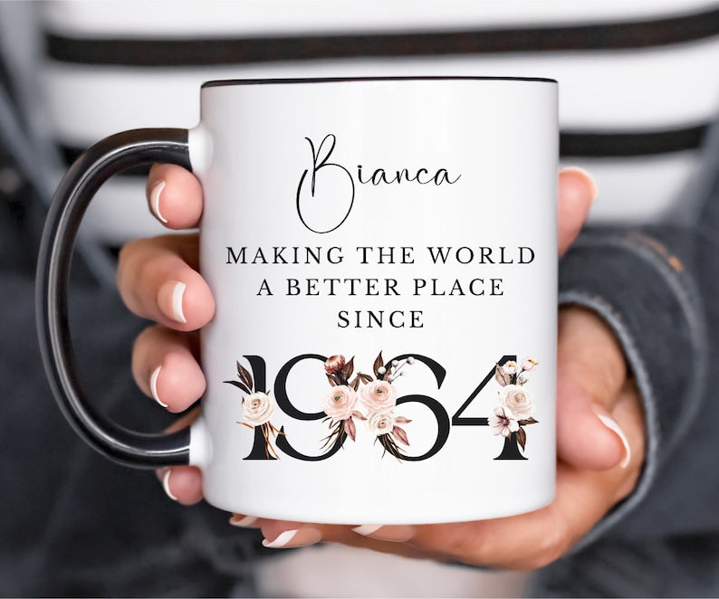 Personalized 60th Birthday Mug, Custom Name Mug, Floral Mug, Making the World a Better Place Since 1964 Gift for 60 Year Old Woman, 60th Cup
