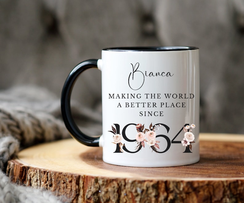 Personalized 60th Birthday Mug, Custom Name Mug, Floral Mug, Making the World a Better Place Since 1964 Gift for 60 Year Old Woman, 60th Cup