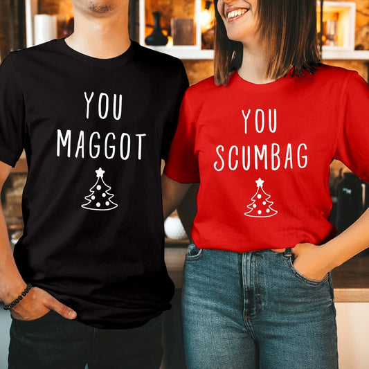 You MAGGOT SCUMBAG Couple Matching Christmas Shirts, Funny Xmas Crewneck Men Women's Holiday Gift for Her Him T Shirt