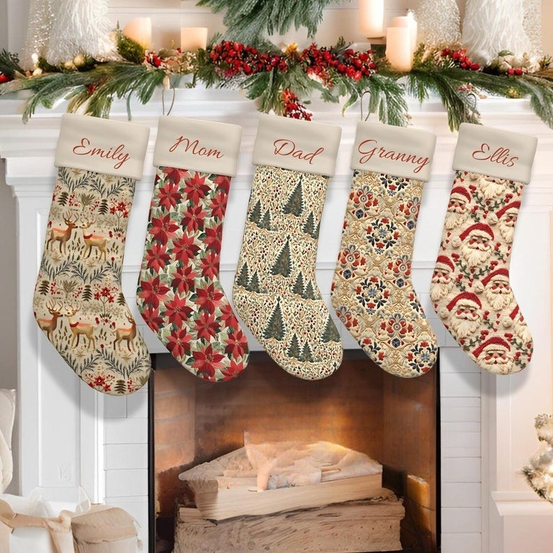 Scandinavian Christmas Stocking, Personalized Holiday Decor, Neutral Vintage Faux Embroidery Design, Unique Handmade Xmas Gifts for Family