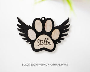 Pet Memorial Christmas Ornament, Angel Wings Dog Paw Ornament, Personalized Cat Wings Christmas Ornament, Handmade Wood Your Dog or Cat Name