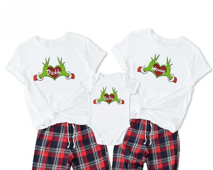 Custom Grinch Family Shirts, Grinchmas Matching Shirts, Grinch Christmas Daddy Mommy Baby Shirts,Personalize Grinch Heart Family 2024 Shirts