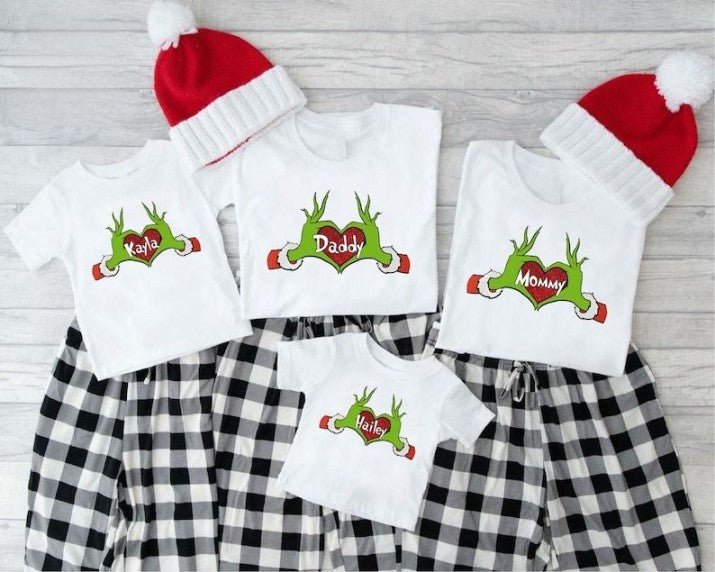 Custom Grinch Family Shirts, Grinchmas Matching Shirts, Grinch Christmas Daddy Mommy Baby Shirts,Personalize Grinch Heart Family 2024 Shirts