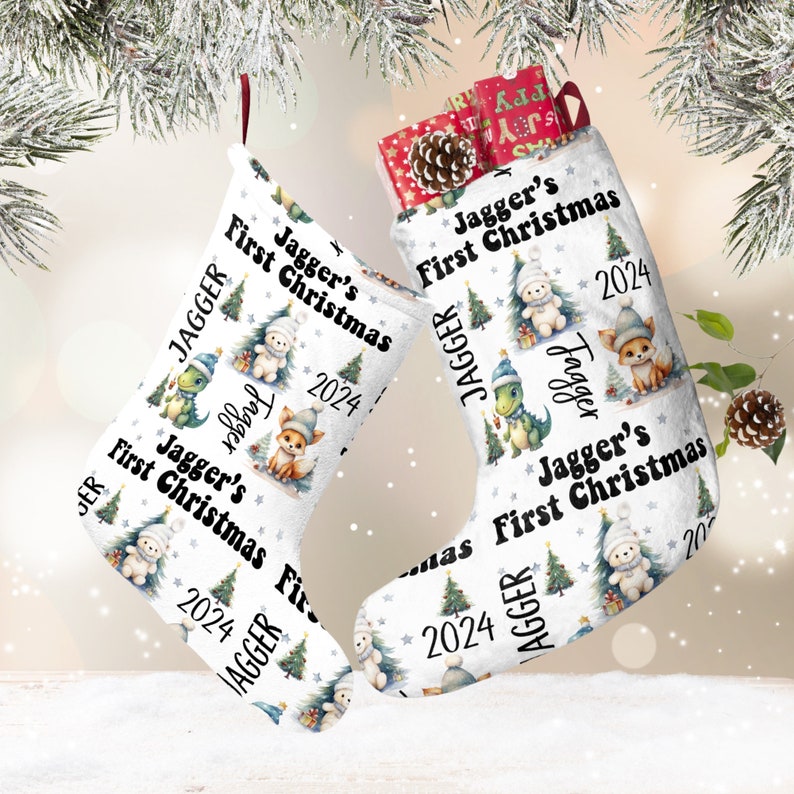 Personalized Baby Boy First Christmas Stocking, Custom Newborn Dino Bear Fox Holiday Sock Gift, Name Tag Ornament Nursery Decor, 1st Xmas