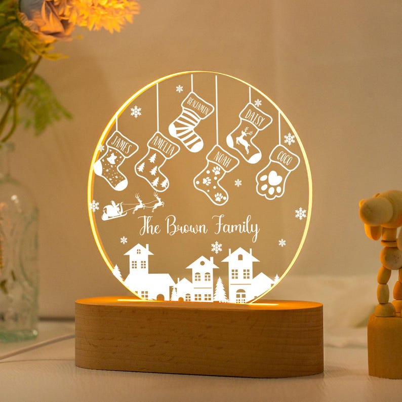 Family of 4 Christmas Night Light,Custom Family Stocking Night Light With Names and Year,New Family Christmas Gift 2024,Family Lamp Light