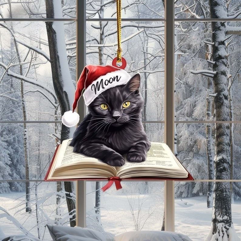 Personalized Cat On Book Ornament, Bookish Christmas Ornament Book Lover Gift, Bookworm Gifts, Librarian Gift, Cat Memorial Gift