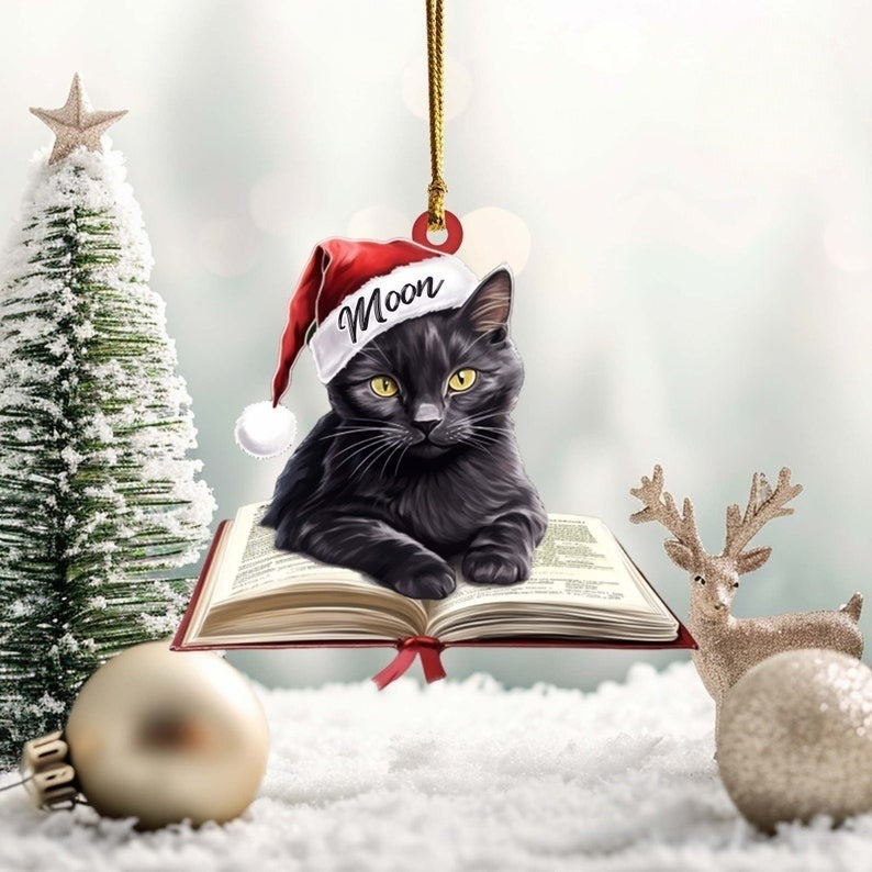 Personalized Cat On Book Ornament, Bookish Christmas Ornament Book Lover Gift, Bookworm Gifts, Librarian Gift, Cat Memorial Gift
