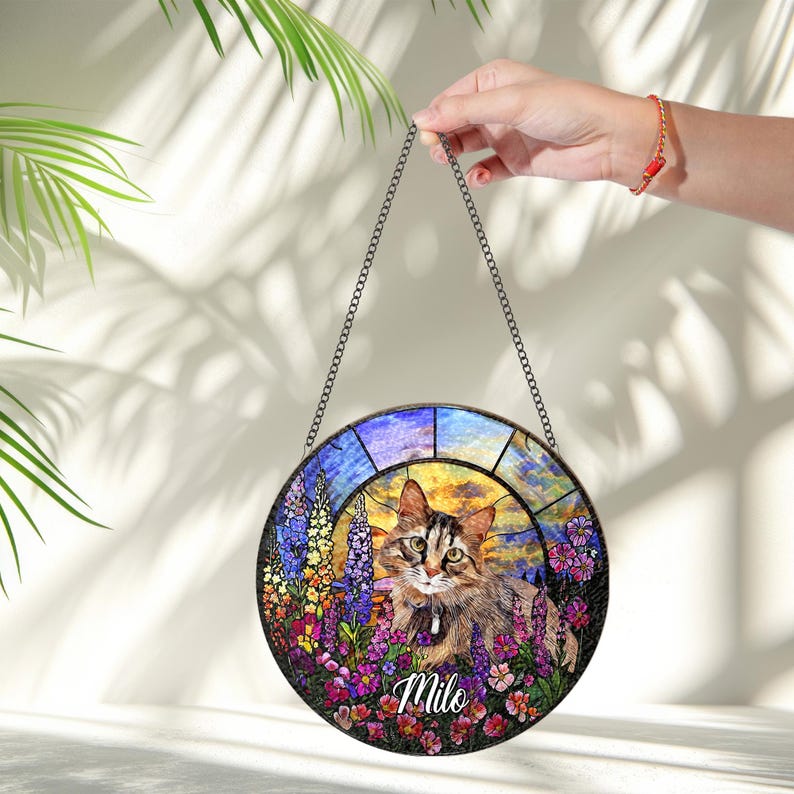 Personalized Cat Memorial Stained Glass, Loss of Pet Sympathy Gift, Cat With Name Suncatcher, Cat Suncatcher, Custom Pet Image Gift