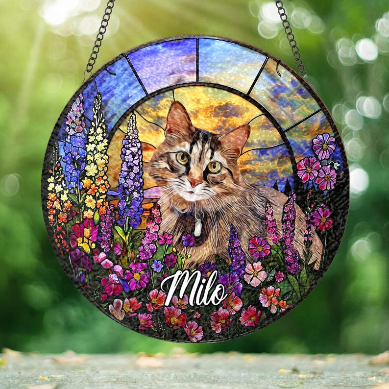 Personalized Cat Memorial Stained Glass, Loss of Pet Sympathy Gift, Cat With Name Suncatcher, Cat Suncatcher, Custom Pet Image Gift