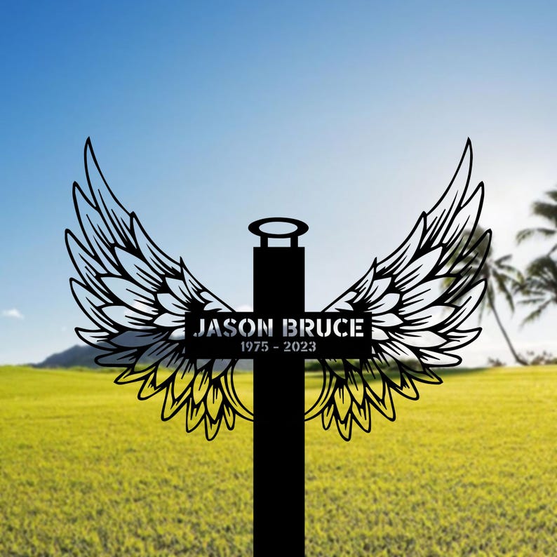 Custom Cross With Wing Metal, Cross Sign Memorial Stake, Cross Stake, Metal Stake, Sympathy Gift, Garden Sign, Grave Marker Remembrance Sign