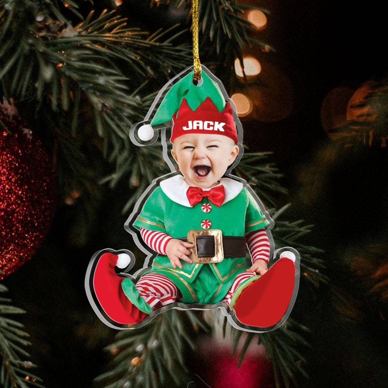 Adorable Newborn Baby Elf - Personalized Babys Photo First Christmas Ornament, Baby 1st Christmas Ornament, Custom Newborn Christmas Gift