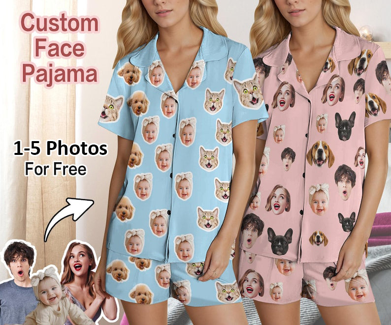 Custom Women Pajamas with Face, Custom Women Short Sleeve Pajama Set,Personalized Pajama with Face,Custom Photo Pajamas,Birthday/Party Gifts