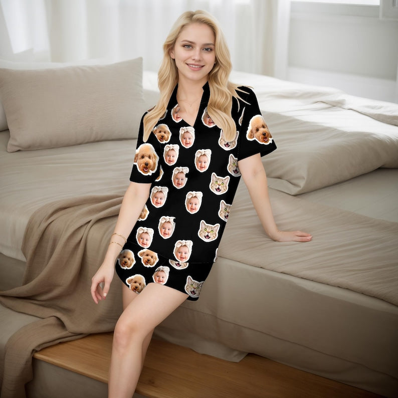 Custom Women Pajamas with Face, Custom Women Short Sleeve Pajama Set,Personalized Pajama with Face,Custom Photo Pajamas,Birthday/Party Gifts