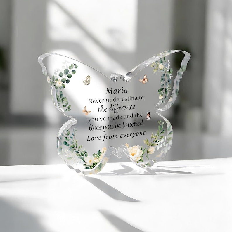 Personalised Retirement Gift, Leaving Work Gift, Butterfly Keepsake Gift, Retirement Plaque, Leaving Presents, Clear Freestanding Butterfly