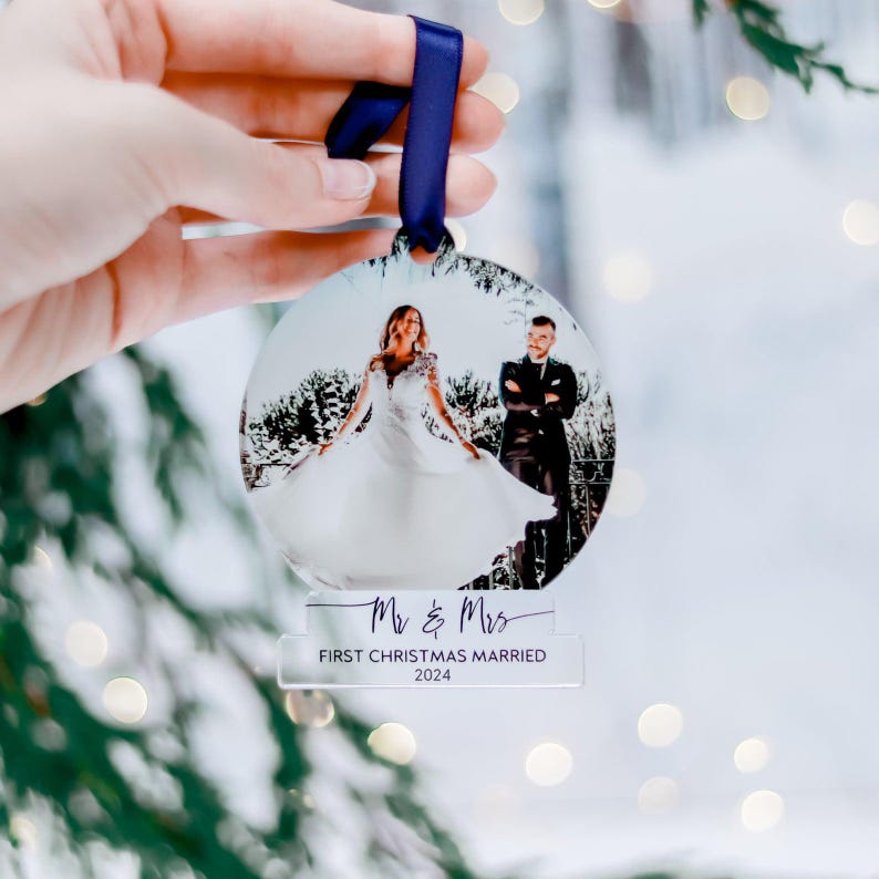 First Christmas Married Ornaments, Mr And Mrs Photo, Our First Christmas, Just Married Ornament, Wedding Couple Custom Gift, 2024 Decoration