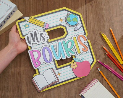 Personalized Teacher Door Sign, Personalised Name with Pencil Teacher Sign, Classroom 3D Wood Art, Teacher Door Hanger, Back to School Sign