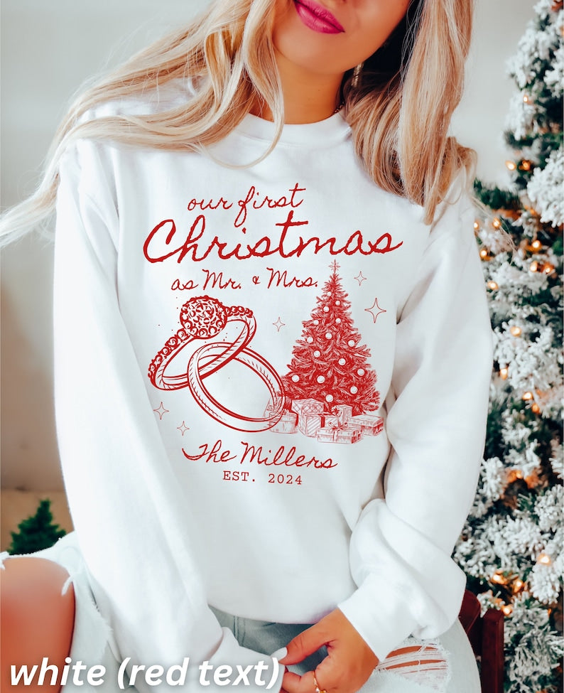 Custom Couples Christmas Sweatshirts, Christmas Couples Sweatshirts, First Christmas Married, Mr and Mrs Custom Personalized Name Gift