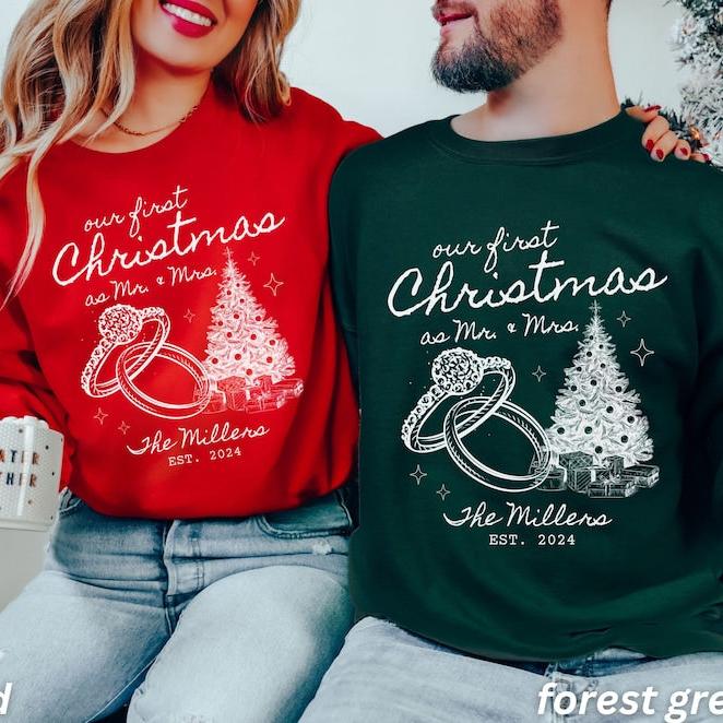 Custom Couples Christmas Sweatshirts, Christmas Couples Sweatshirts, First Christmas Married, Mr and Mrs Custom Personalized Name Gift