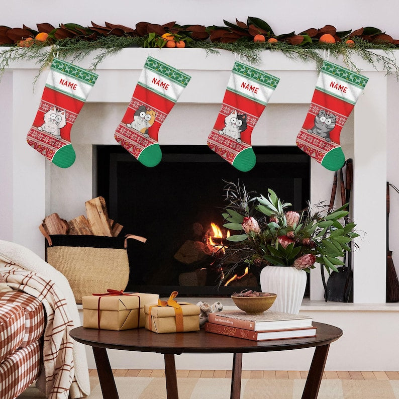 Personalized Cat Christmas Stockings, Cat Christmas Stocking, Custom Farmhouse Stocking, Gift for Cats, Cat Lovers Gift, Pet Gift