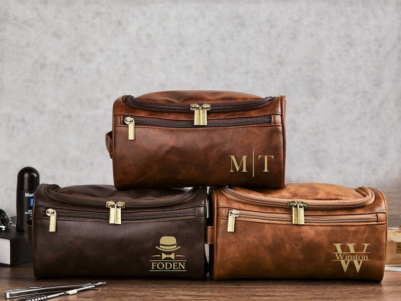 Personalized Leather Toiletry Bag: Engraved Dopp Kit, Groomsmen Gift