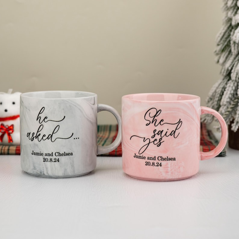 Personalised Engagement Mugs, Couple Engagement Present, Happy Engagement Gift, He Asked, She Said Yes