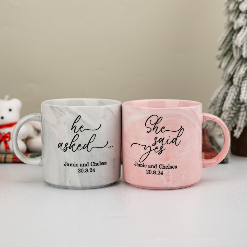 Personalised Engagement Mugs, Couple Engagement Present, Happy Engagement Gift, He Asked, She Said Yes