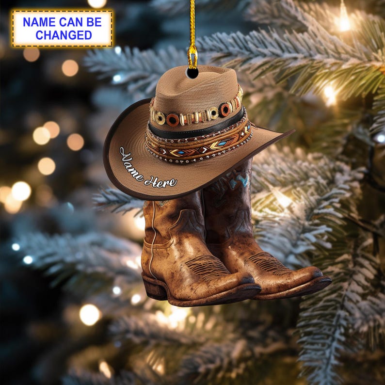 Custom Name Cowboy Boots And Hat Personalized Ornament, Christmas Tree Hanging Decor, Christmas Ornament, Flat 2D Ornament, Boot Stockings
