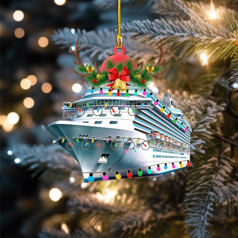 Custom Name Cruise With Led Light And Reindeer Hord V1 Christmas Ornament, Christmas Tree Hanging Decor, Flat 2D Ornament Acrylic/ Wooden