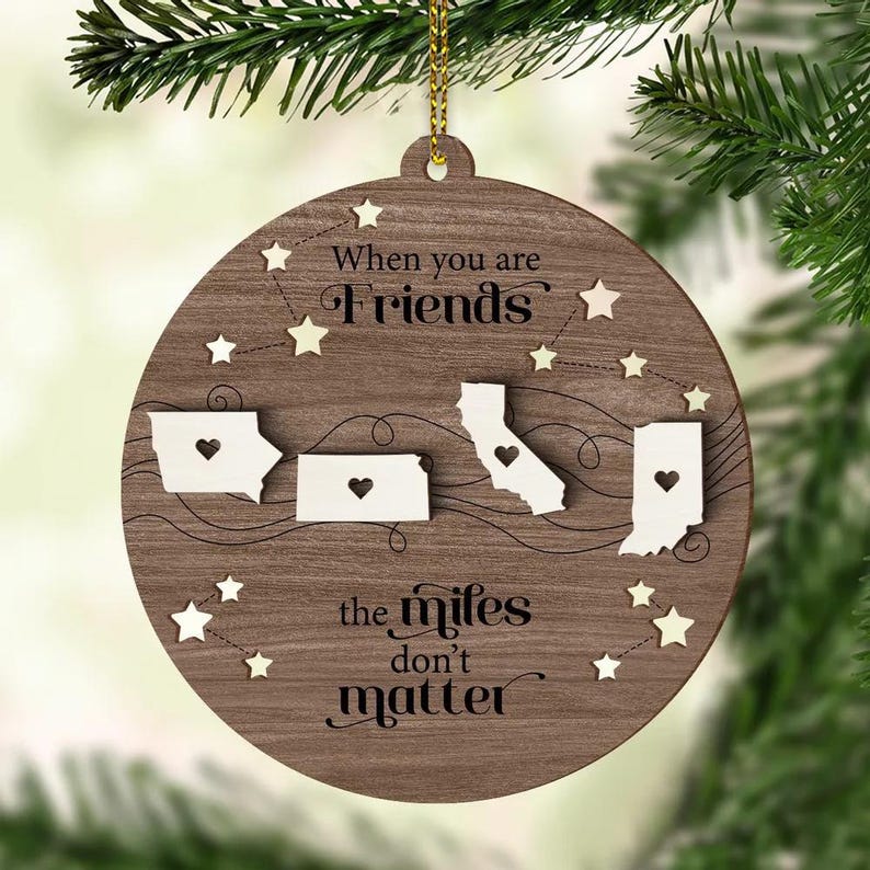 Custom State 2-Layered Wooden Family Ornament, Miles Don't Matter Gift, Custom State To State Ornament, Family Long Distance Christmas Gift