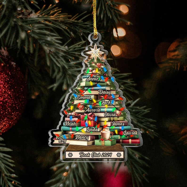 Personalized Christmas Book Tree Name Ornament, Custom Bookish Ornament, Book Lover Gift, Bookworm Gifts, Book Club Ornament, Librarian Gift