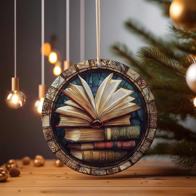 Vintage Books Stained Glass Christmas Ornament Book Lover Christmas Gift Circular Ceramic Ornament Library Decor Ornament Gift For Her