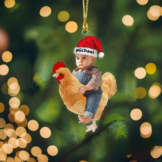 Custom Photo Name Chicken With Kid Acrylic Ornament, Custom Christmas Chicken Kid Gift Ornament, Funny Holiday Gift Ornaments,Kid On Chicken