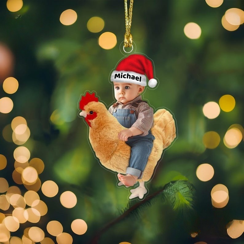 Custom Photo Name Chicken With Kid Acrylic Ornament, Custom Christmas Chicken Kid Gift Ornament, Funny Holiday Gift Ornaments,Kid On Chicken
