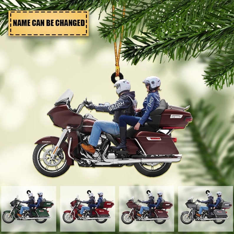 Personalizable Biker Couple Motorcycle Ornament, Motorcycle Lover Ornament, Biker Ornament Gift for Couples, Motorcycle Christmas 2d Flat Ornament