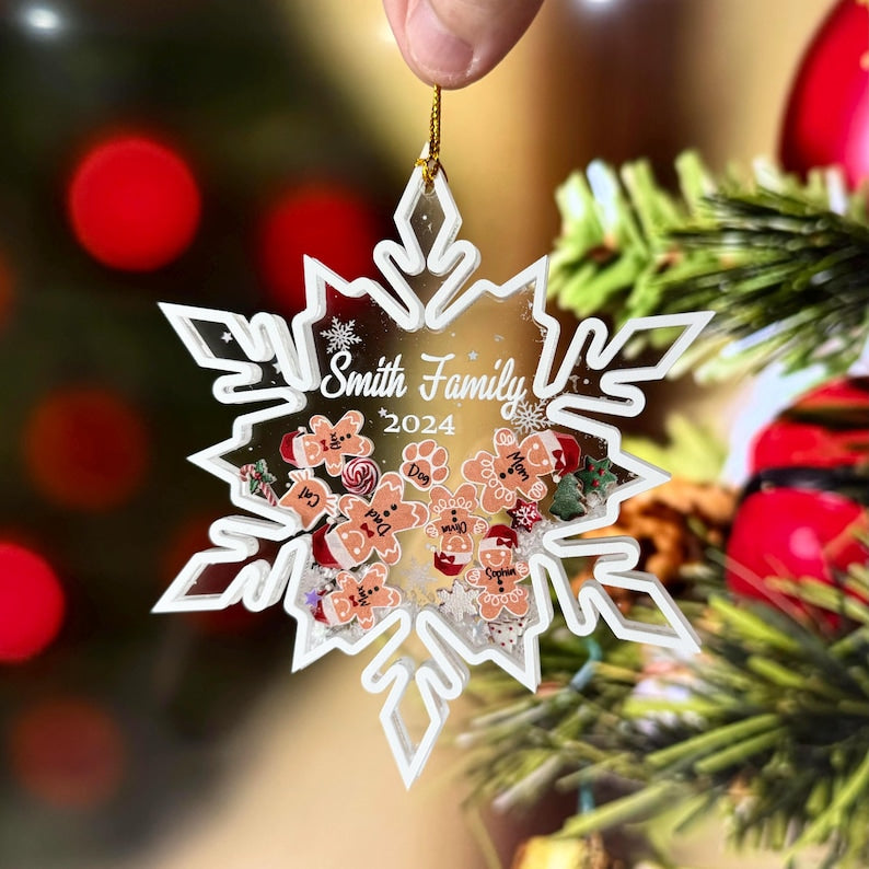 Personalized Snowflake Family Ornament With Pets, Gingerbread With Hat Family Ornament 2025, Family Christmas Gift, 4D Shake Family Ornament