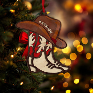 Personalized Cowboy Layered Wood Ornament, Custom Cowboy Boot Christmas Tree Ornament, Cowgirl Ornament, Xmas Gift for Husband, Dad, Son
