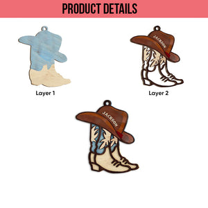 Personalized Cowboy Layered Wood Ornament, Custom Cowboy Boot Christmas Tree Ornament, Cowgirl Ornament, Xmas Gift for Husband, Dad, Son