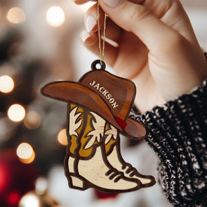 Personalized Cowboy Layered Wood Ornament, Custom Cowboy Boot Christmas Tree Ornament, Cowgirl Ornament, Xmas Gift for Husband, Dad, Son