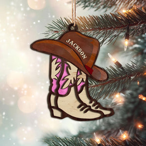 Personalized Cowboy Layered Wood Ornament, Custom Cowboy Boot Christmas Tree Ornament, Cowgirl Ornament, Xmas Gift for Husband, Dad, Son