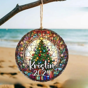 Personalized Christmas Ornament 2024 Stained Glass Christmas Decor Holiday Gift Glass Heirloom Keepsake Round Glass Christmas Gift Exchange