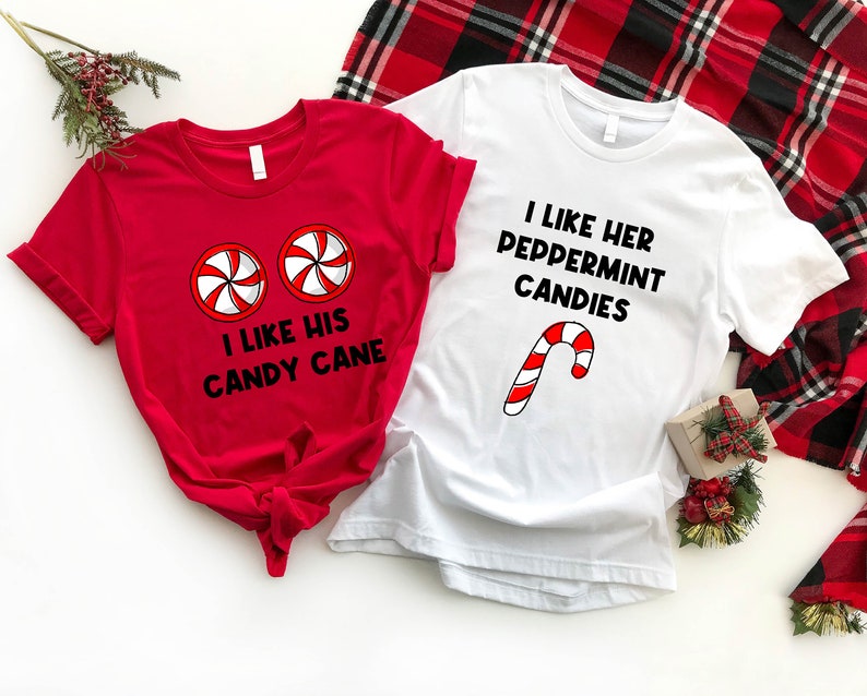 I Like Her Peppermint Candies Shirt, I Like His Candy Cane T-shirt, Funny Christmas Couples Shirts, Matching X-mas Husband Wife Tees Gift