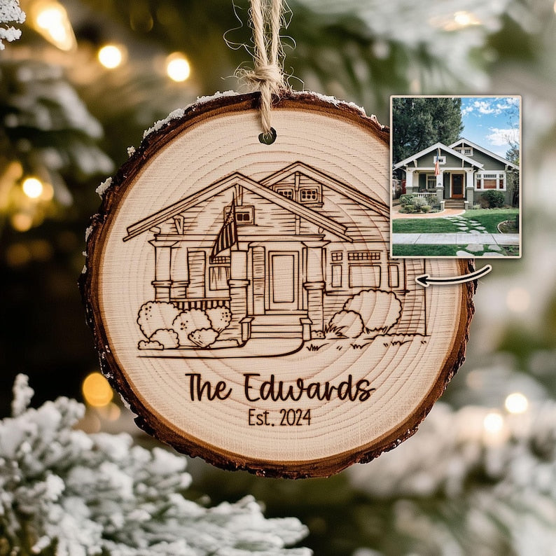 Custom House Drawing from Photo Ornament, Personalized Housewarming Gifts for Couples, Realtor Closing Gift, New Home Wooden Slice Ornament