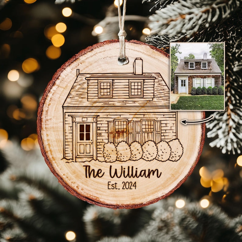 Custom House Drawing from Photo Ornament, Personalized Housewarming Gifts for Couples, Realtor Closing Gift, New Home Wooden Slice Ornament