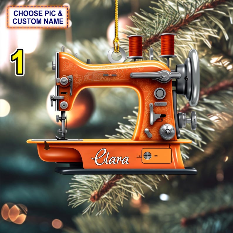 Custom Name Sewing Machine Christmas Ornament, Christmas Tree Hanging Decor, Flat 2D Ornament Acrylic/ Wooden, Gift For Sewing Lovers