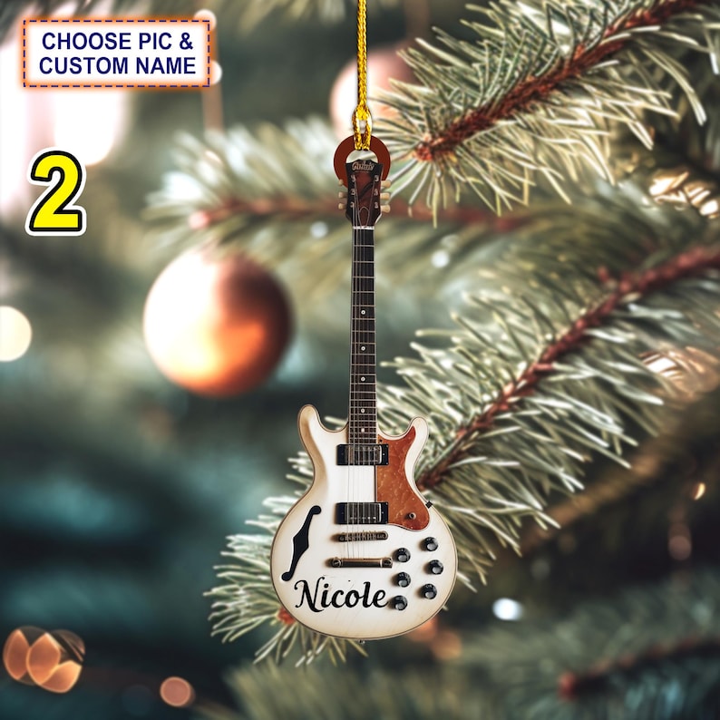 Custom Name Classic Guitar Christmas Ornament, Christmas Tree Hanging Decor, Flat 2D Ornament Acrylic/ Wooden, Guitar Lover Gift